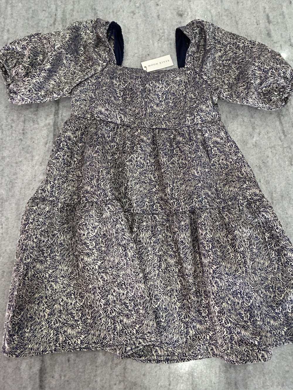 Moon River Navy and Gold Jacquard Puff Sleeve Dress Size S